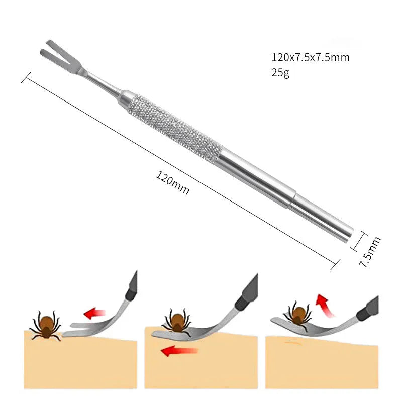 Silver stainless steel tick removal tweezers for cats and dogs with locking mechanism
