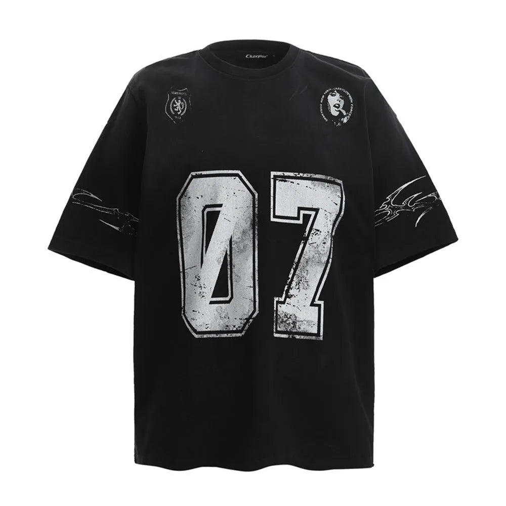 Men's black and white printed short-sleeved cotton T-shirt shown in sizes S to XL.