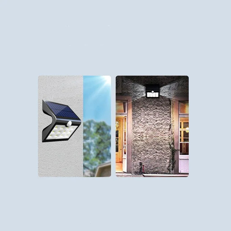Solar outdoor wall light with waterproof housing and integrated solar panel for garden security illumination
