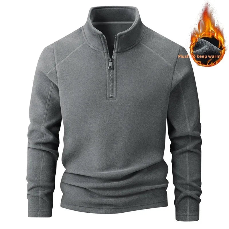 Men's stand collar half-zip long sleeve fleece sweatshirt in dark gray, loose fit polyester, front view