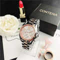 Women's silver rose gold quartz watch with diamond crystal mesh strap and analogue display.