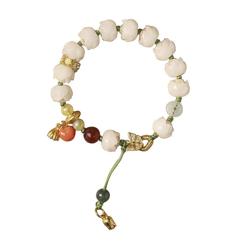 White jade Bodhi bracelet with lotus beads, pumpkin beads, and adjustable open rope design