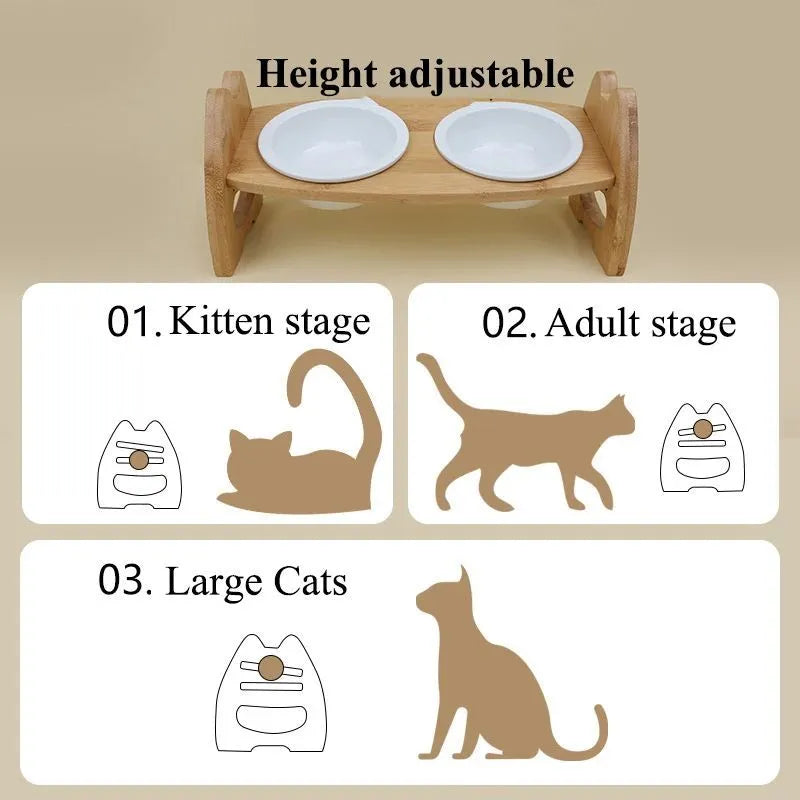 Height-adjustable ceramic double pet bowl with bamboo stand, separate bowls, non-slip base, original wood colour