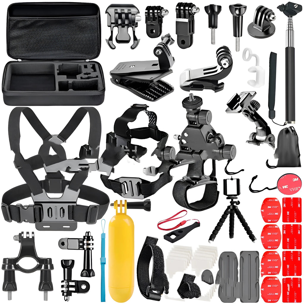 Black GoPro accessory set with chest strap, helmet mount, and tripod adapter for Hero 4 3 2 cameras