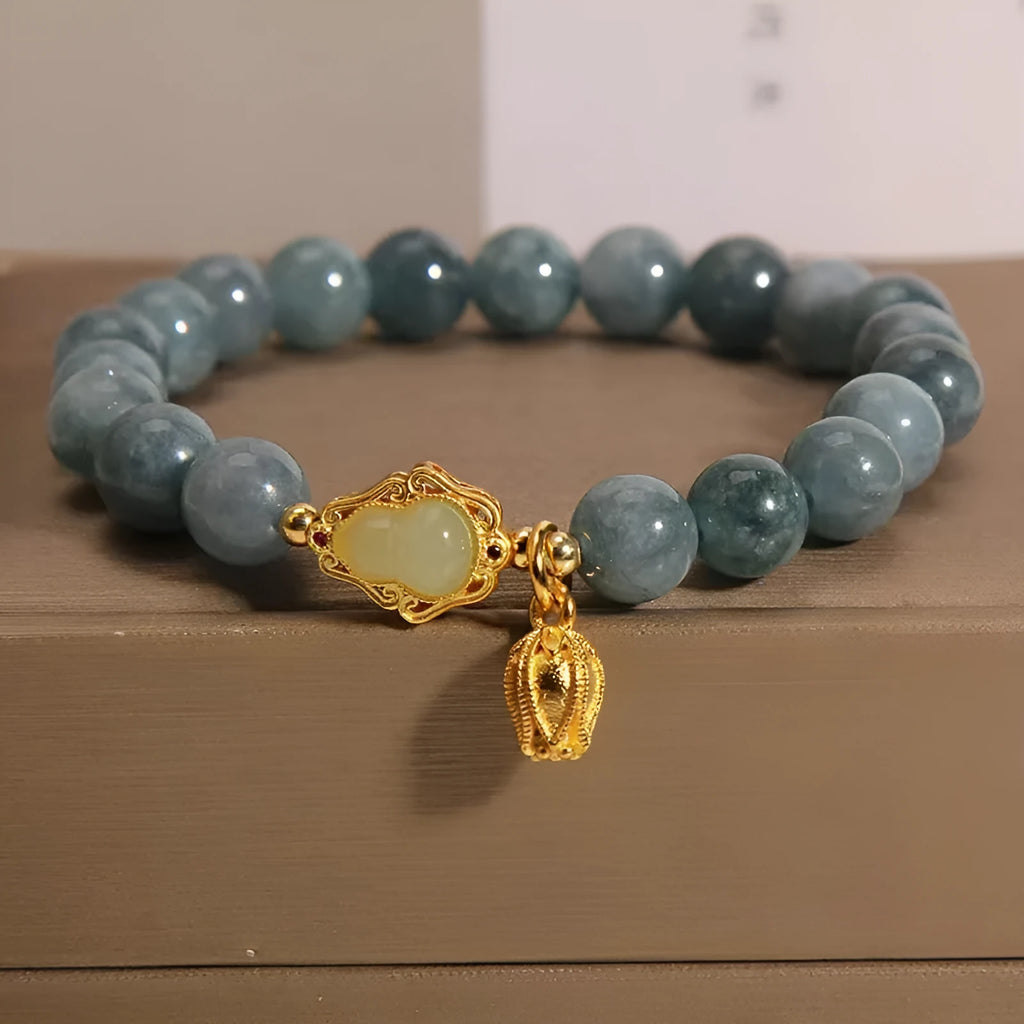 Natural stone bracelet with sky blue electroplated lotus gourd pendant for women