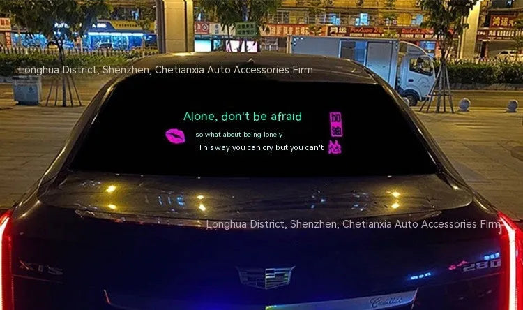 Long rectangular car rhythm lamp with electroluminescent panel showing colourful music-reactive light patterns