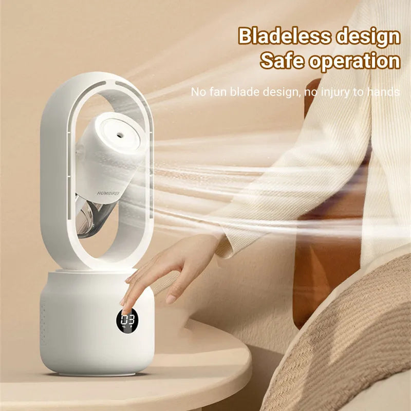 White bladeless table fan with humidifier tank on a wooden desk