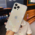 Clear silicone iPhone case with laser colourful love design, shown in butterfly and transparent colour options.