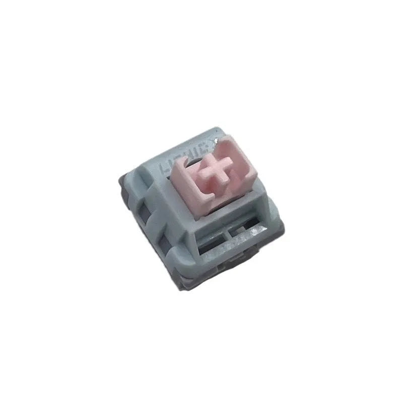 Four Dew Axis-4 linear silent mechanical keyboard switch bottoms showing the coloured shaft core and housing.