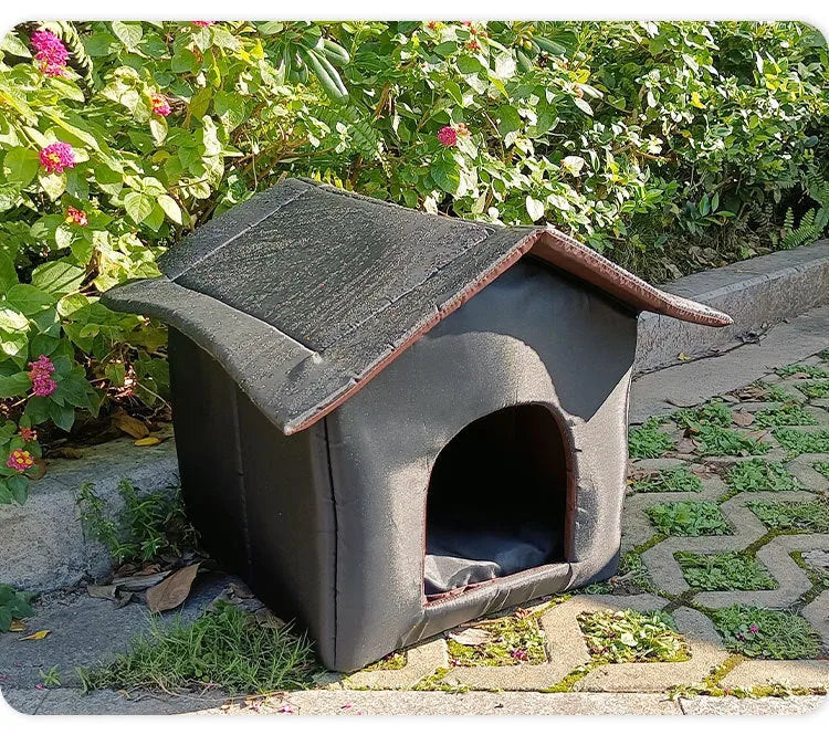 Black outdoor waterproof shelter for stray cats made of Oxford cloth with detachable design