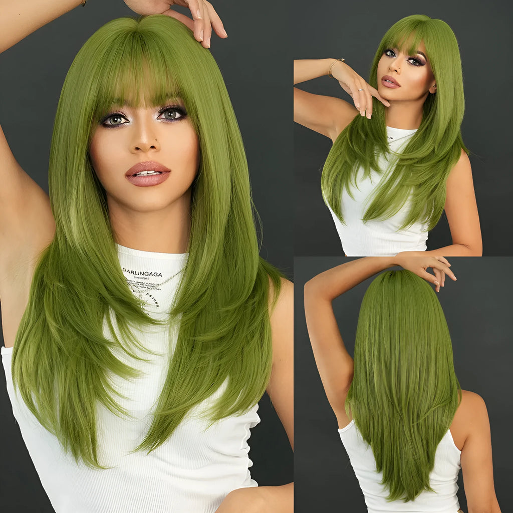 Vanilla green long straight synthetic women's wig measuring 63cm with bangs