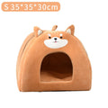 A cage-style cloth cat bed suitable for autumn and winter, shown in available S, M, and L sizes.