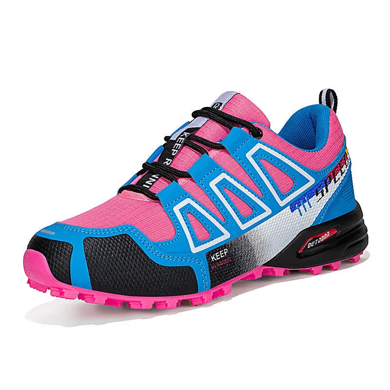 Breathable large size hiking shoes front lace-up leather upper non-slip natural rubber outsole in purple colour