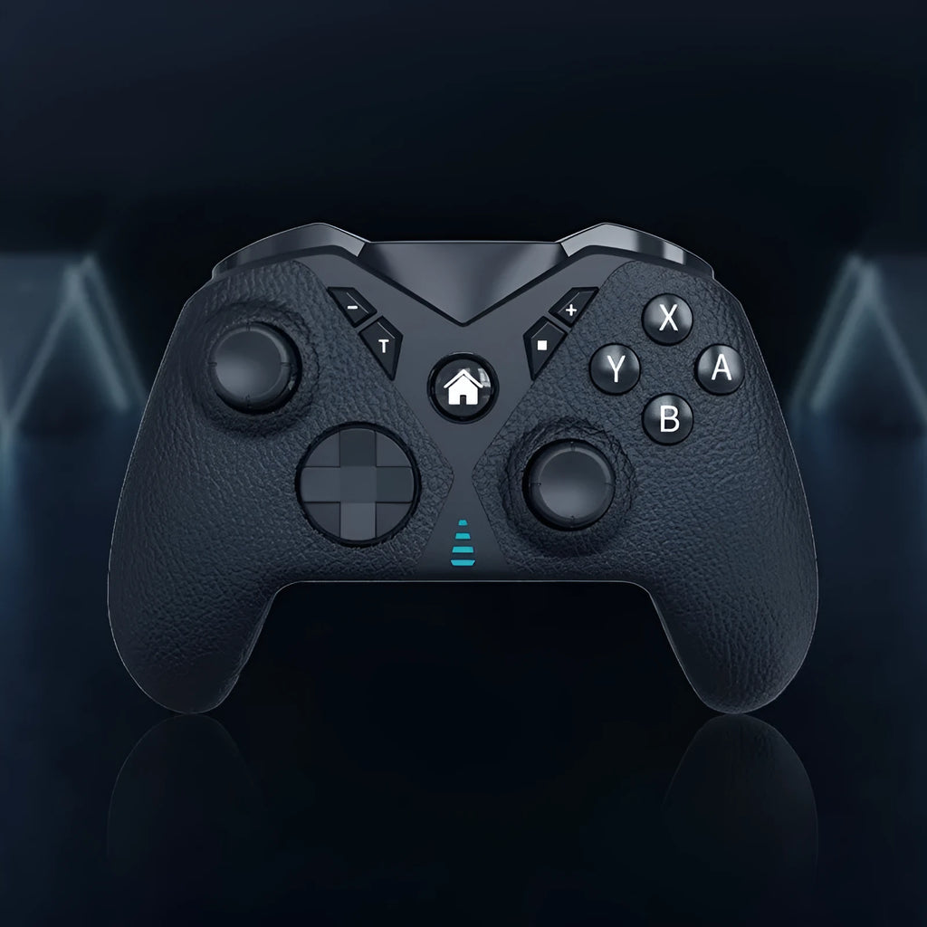 Black ABS plastic wireless game controller with textured grip for Nintendo, PC, and mobile.