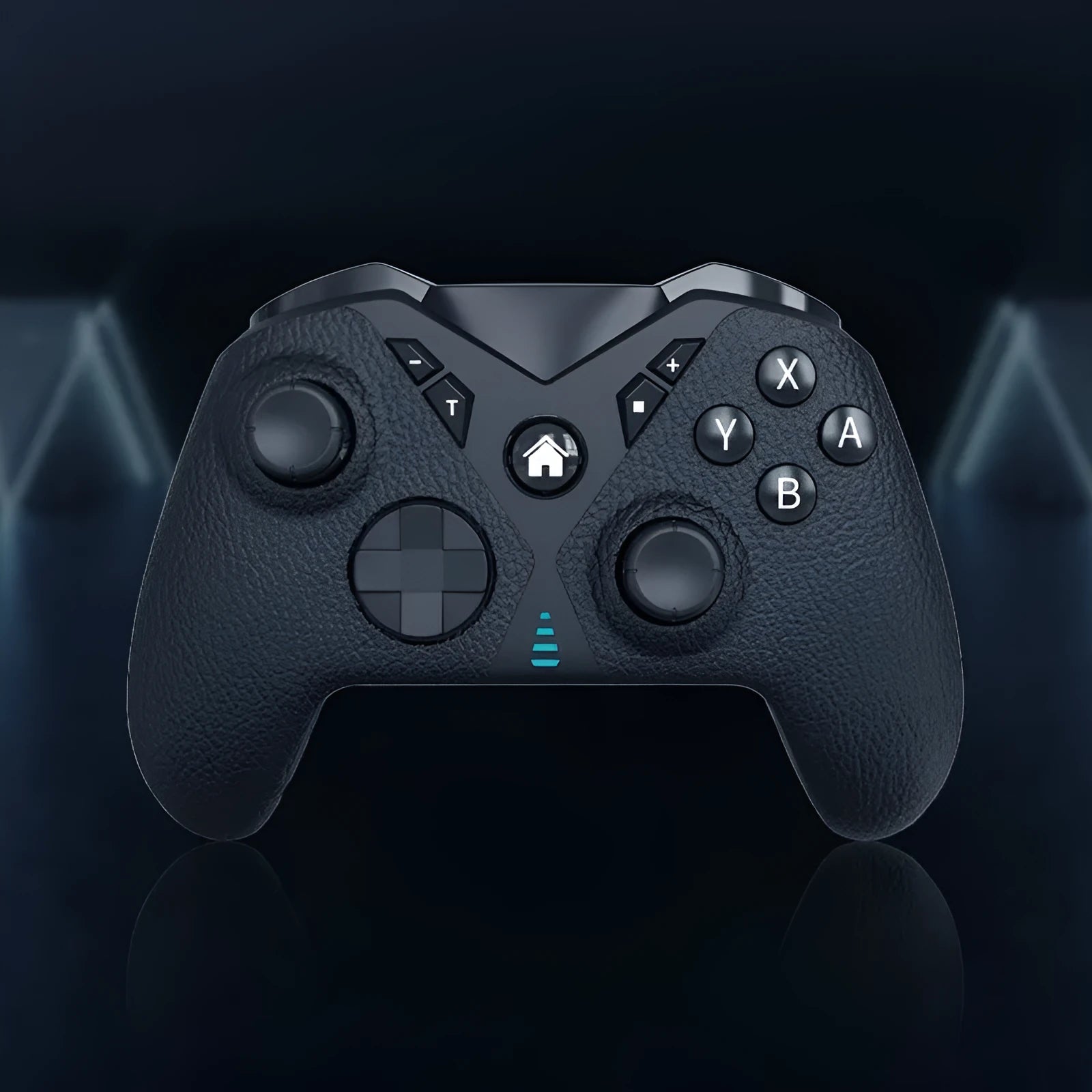 Black ABS plastic wireless game controller with textured grip for Nintendo, PC, and mobile.