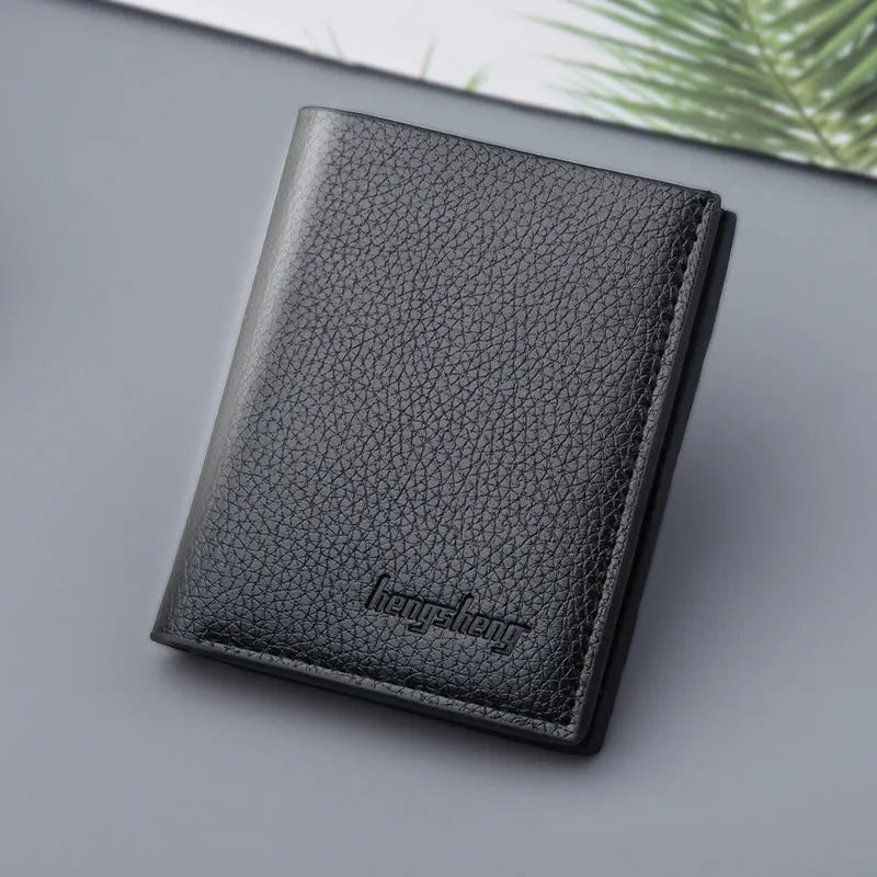 Men's vertical PU leather wallet in black with card slots and bill holder, open view