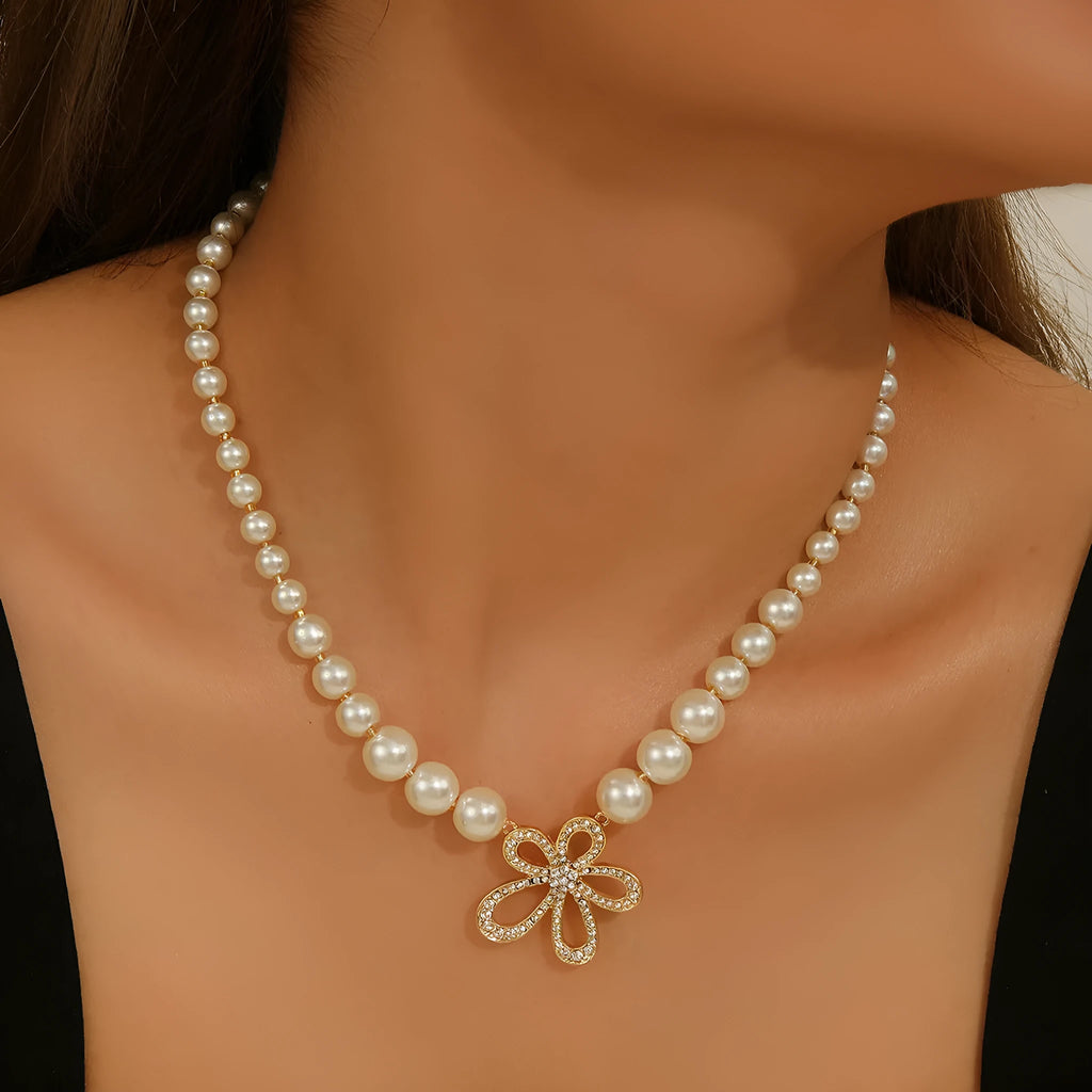 French romantic flower necklace with white petal pendant and gold-tone chain, Style1 single necklace