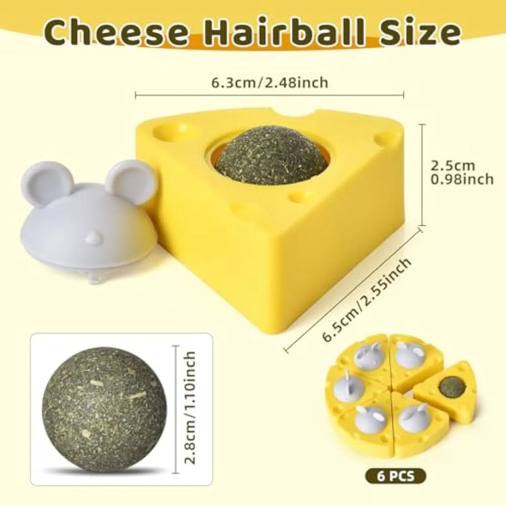 Cheese-shaped catnip balls on wall with mouse-shaped lid, natural catnip toy for cats