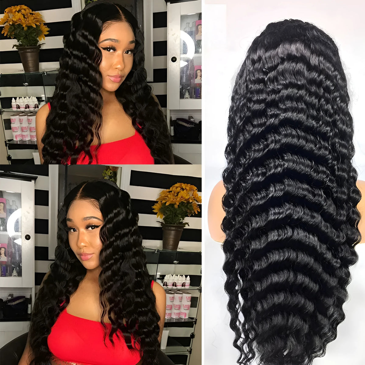 Deep wave human hair lace frontal wig black medium long length 8 inches