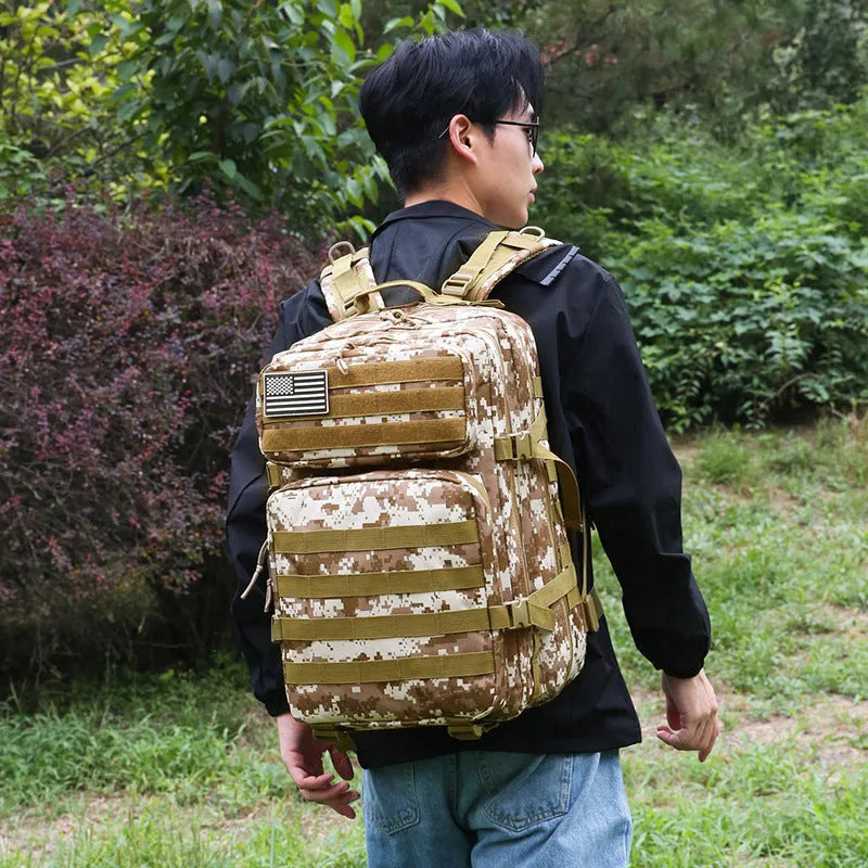 56-75L large outdoor travel waterproof backpack in oxford cloth with camouflage pattern and sewing line detail
