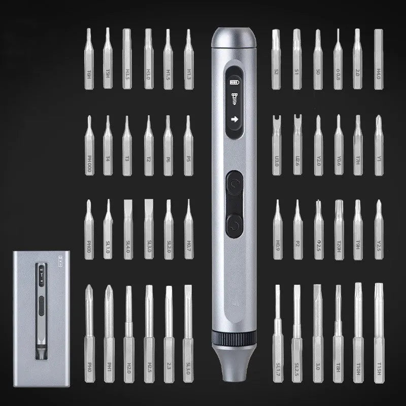 Compact aluminium electric screwdriver with precision bits for DIY and electronics repair.