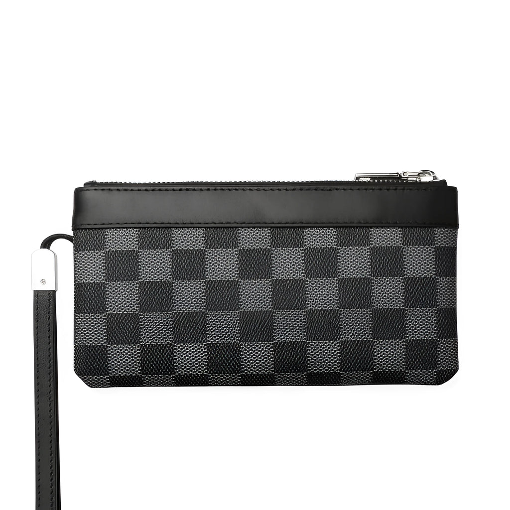 Black genuine leather men's clutch wallet showing first-layer cowhide texture and rectangular 20x10cm shape