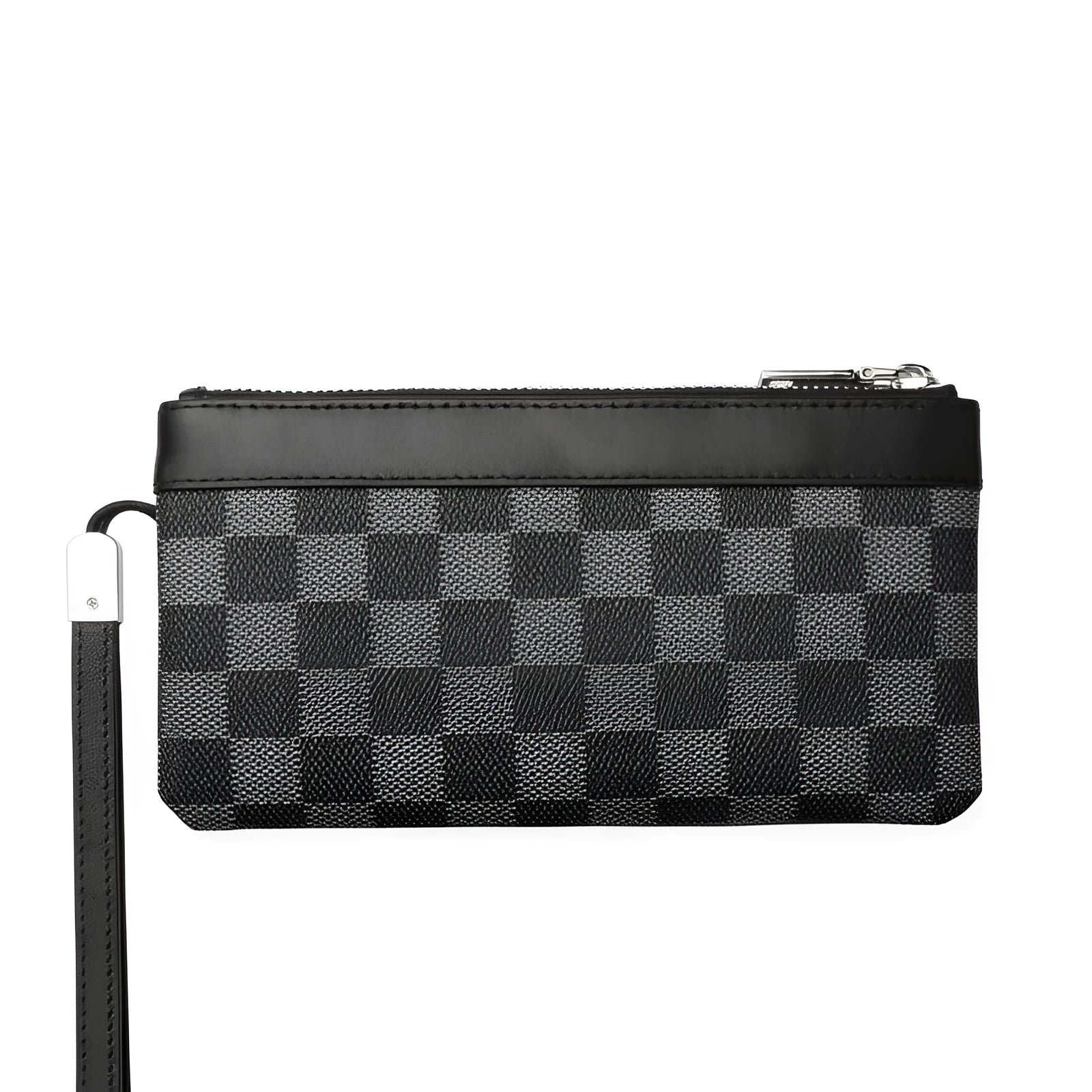 Black genuine leather men's clutch wallet showing first-layer cowhide texture and rectangular 20x10cm shape