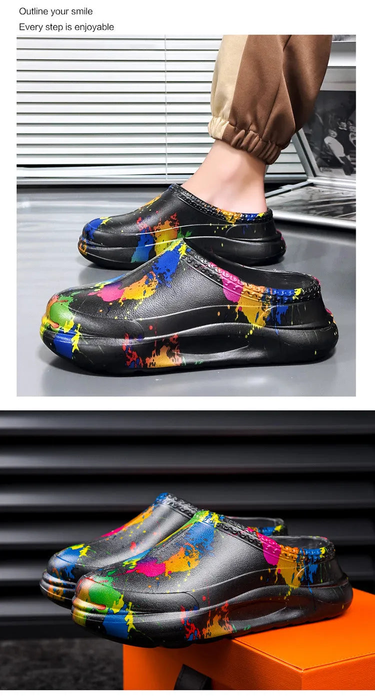 Men's black EVA platform pump work shoes with a toe cap and textured sole for chefs and gardening.