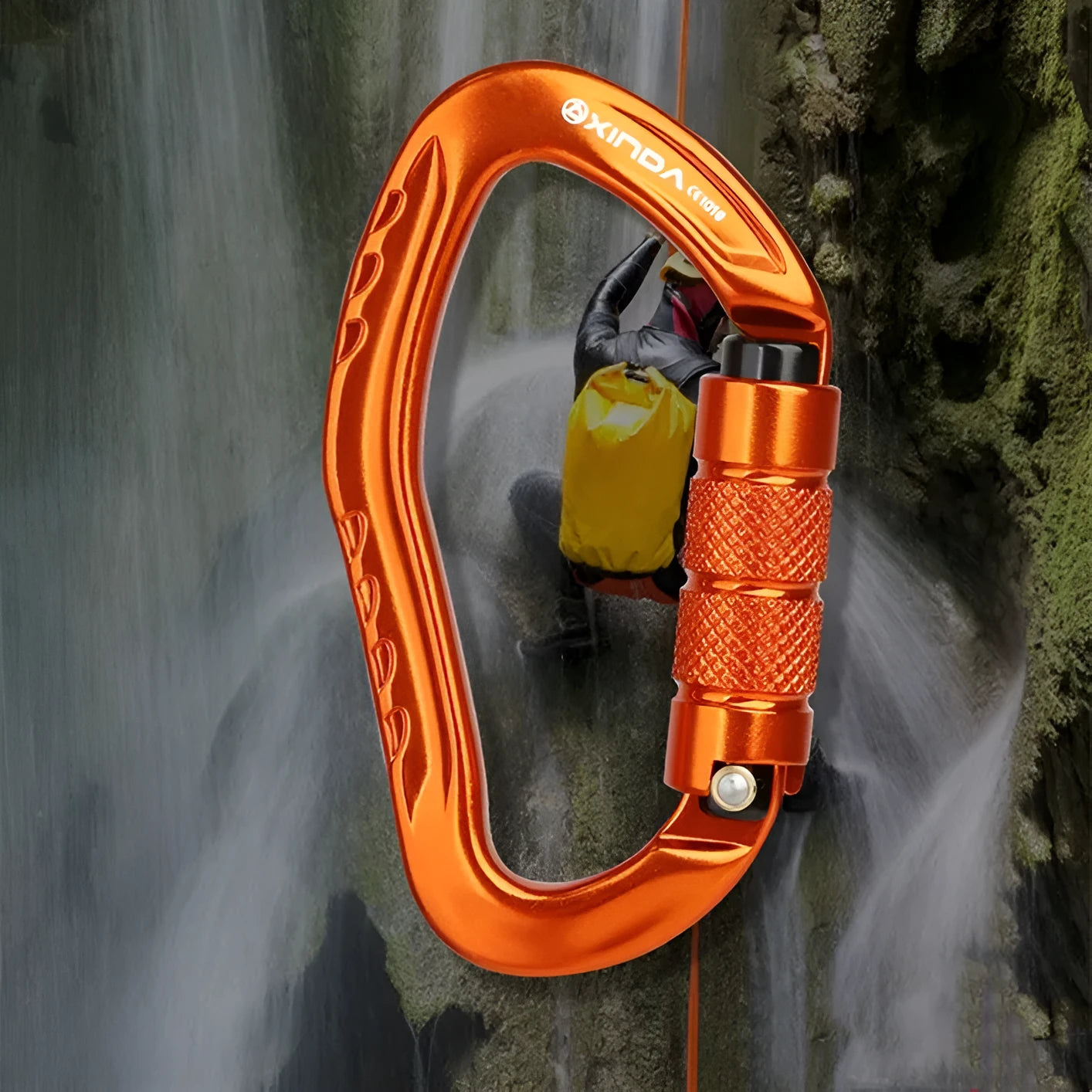Automatic lock climbing carabiner in choice of black, blue, orange, red, or silver.