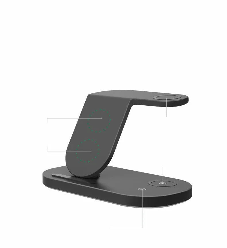 Three-in-one fast wireless charger in black or white, showing charging areas for phone, watch and headphones.