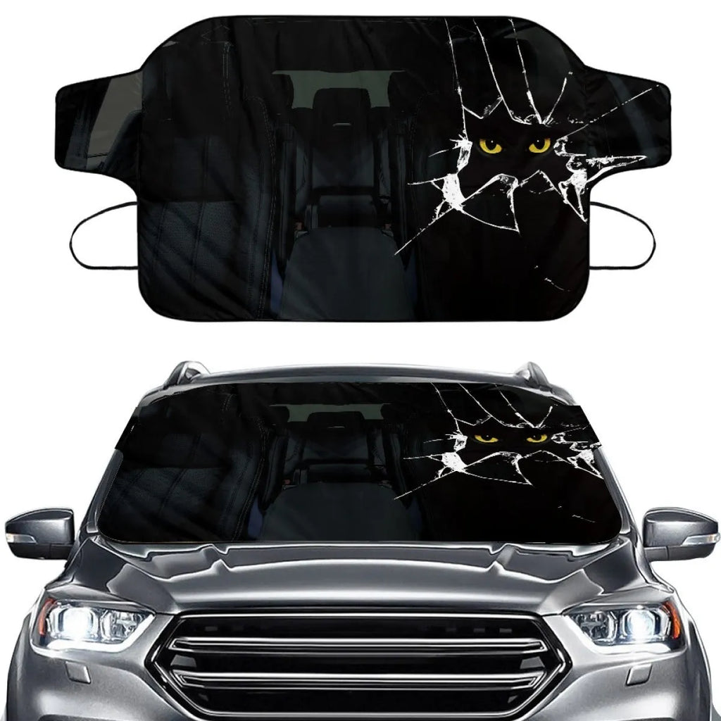 Car snow protection cover with front gear made from silver aluminium film fabric, shown with lanyard ties.