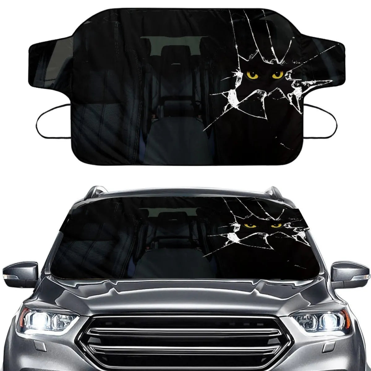 Car snow protection cover with front gear made from silver aluminium film fabric, shown with lanyard ties.