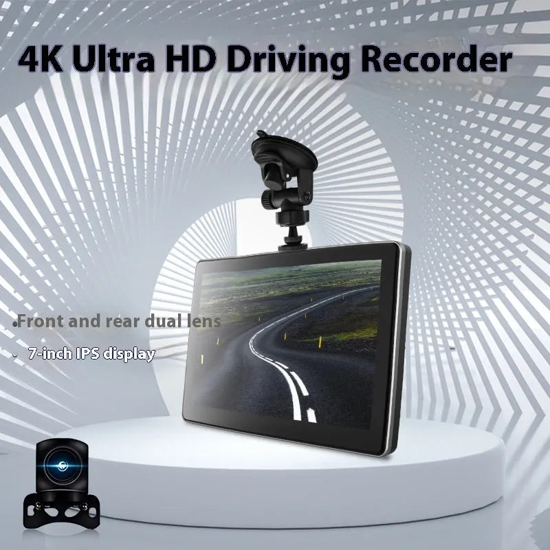Black 7-inch wireless CarPlay dashboard camera with wide-angle lens on car windshield