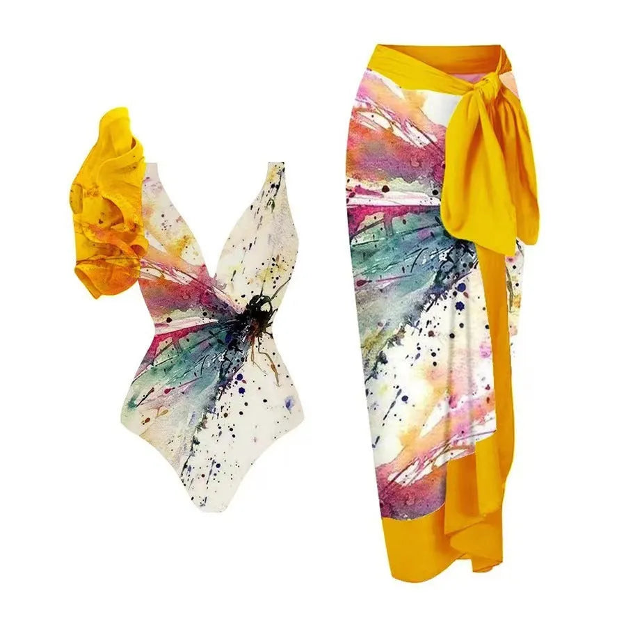 Yellow women's conservative one-piece swimsuit with high neckline and tummy control design
