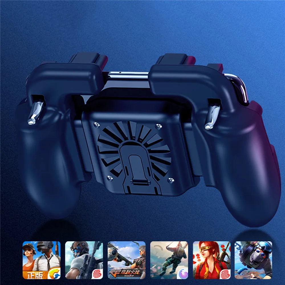 SR Cooling Handle gaming controller with rear trigger and adjustable bracket holding a phone