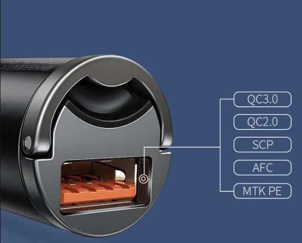 Grey Baseus Huixiaoxing 30W single USB car charger with a 1-metre cable.