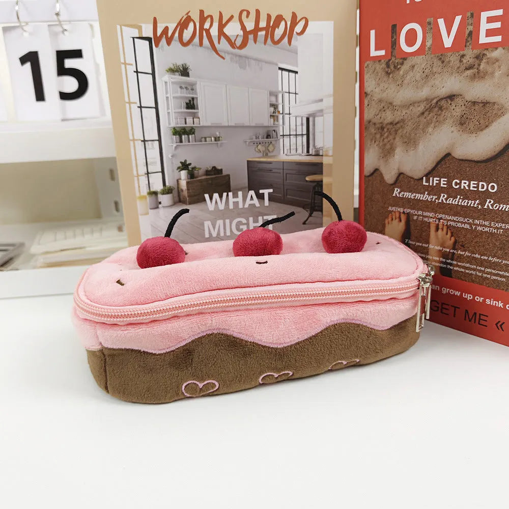 Cherry Cake design plush pencil bag made from red velvet fabric with a zip.