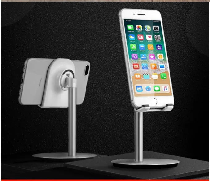 Silver aluminium computer phone holder for mobile phones and tablets on a desktop