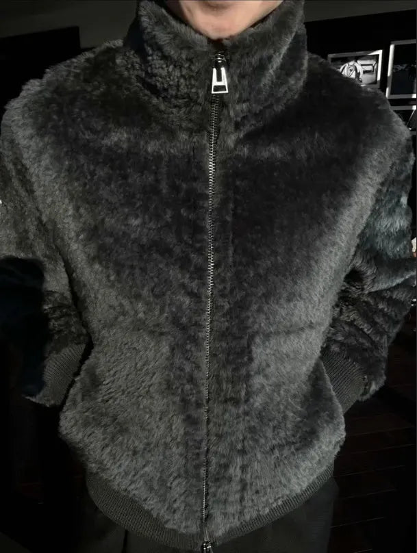 Men's black plush lined zipper jacket for autumn and winter, front view
