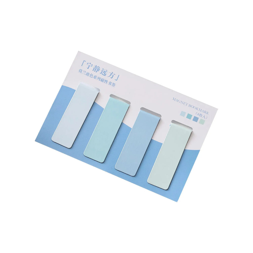 Set of four magnetic morandi colour block bookmarks in soft pastel hues on a page