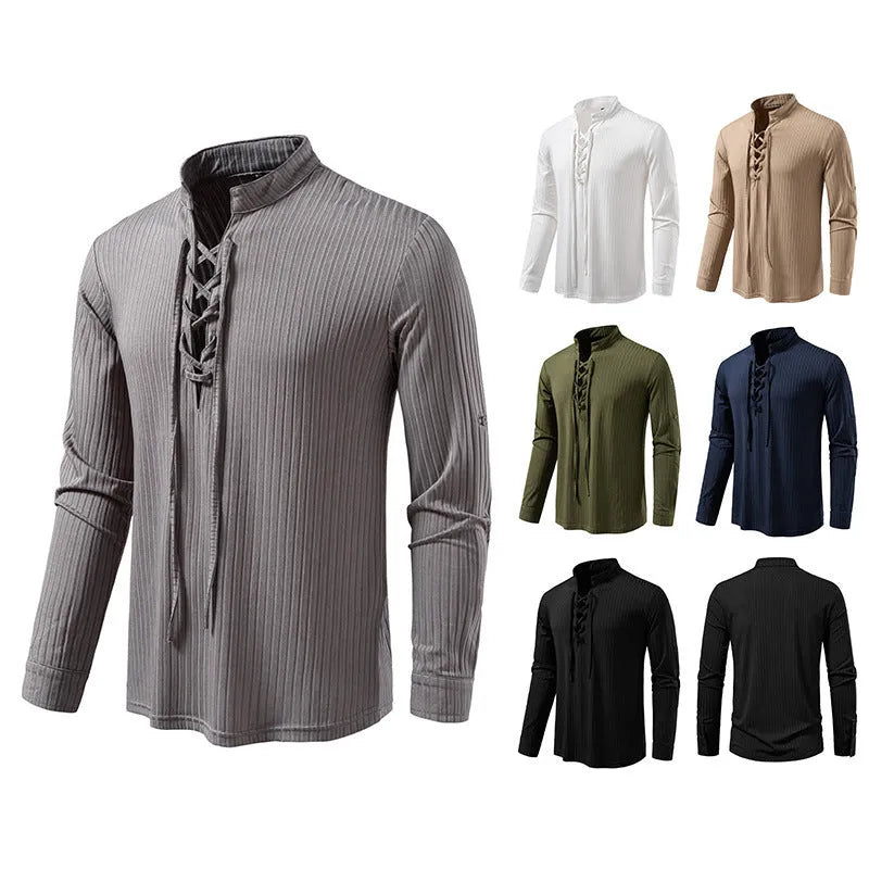 Men's casual long sleeve T-shirt with drawstring, slim fit, shown in six colours, sizes S to 2XL.