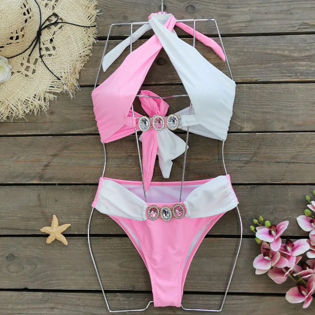 Solid colour cross lace-up cutout split swimsuit for women, high waist backless polyester briefs, available in multiple colours