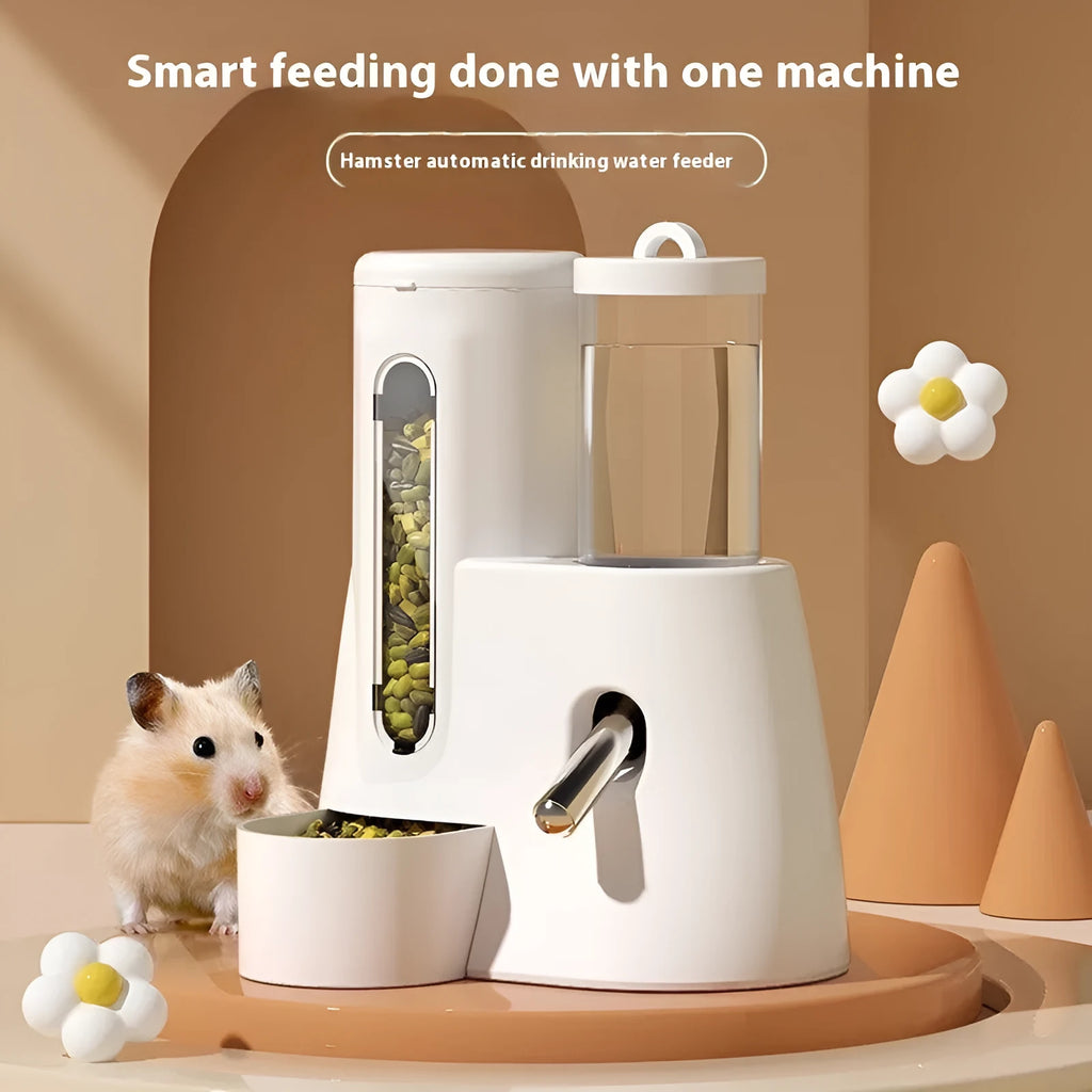 White hamster automatic drinking water feeder with food basin for small pets