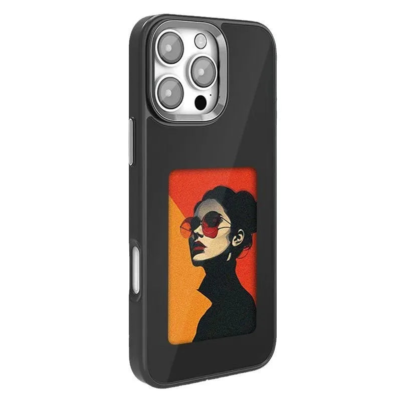 Cross-border NFC four-colour E-ink screen AI projection phone case for iPhone 13-16 series in black with artistic floral design