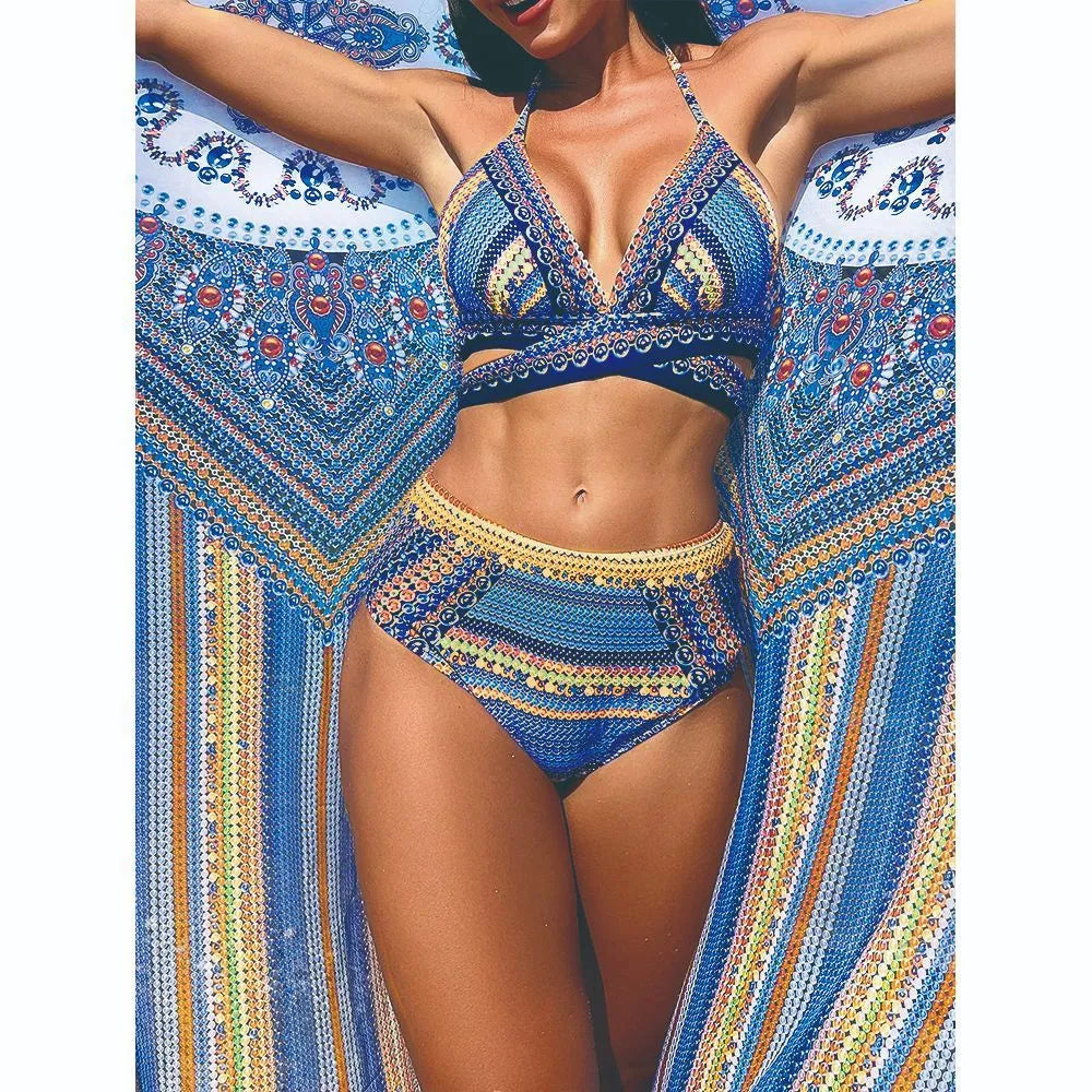 Women's three-piece bikini swimsuit with cross bandage bra and high-waist veiled briefs in blue colour