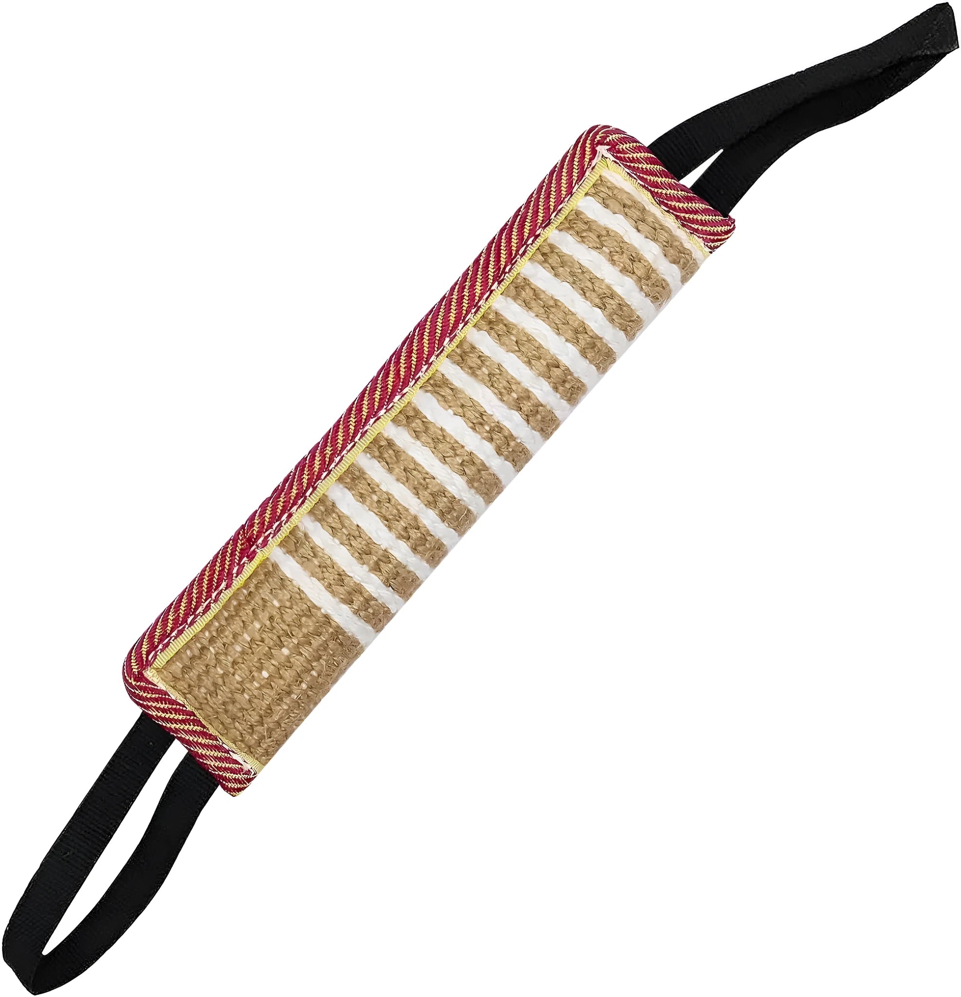 Beige jute dog tug toy with two fabric handles on a white background