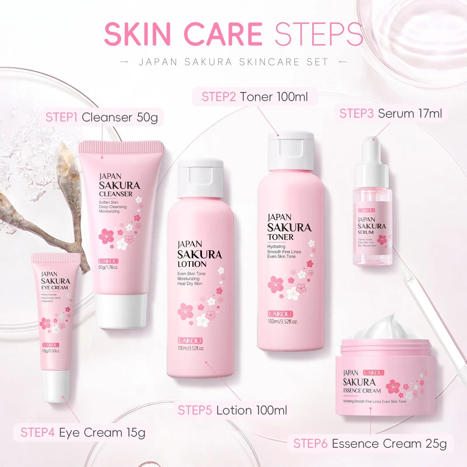 Cherry Blossom 6-piece skin care set with cleansing and brightening products