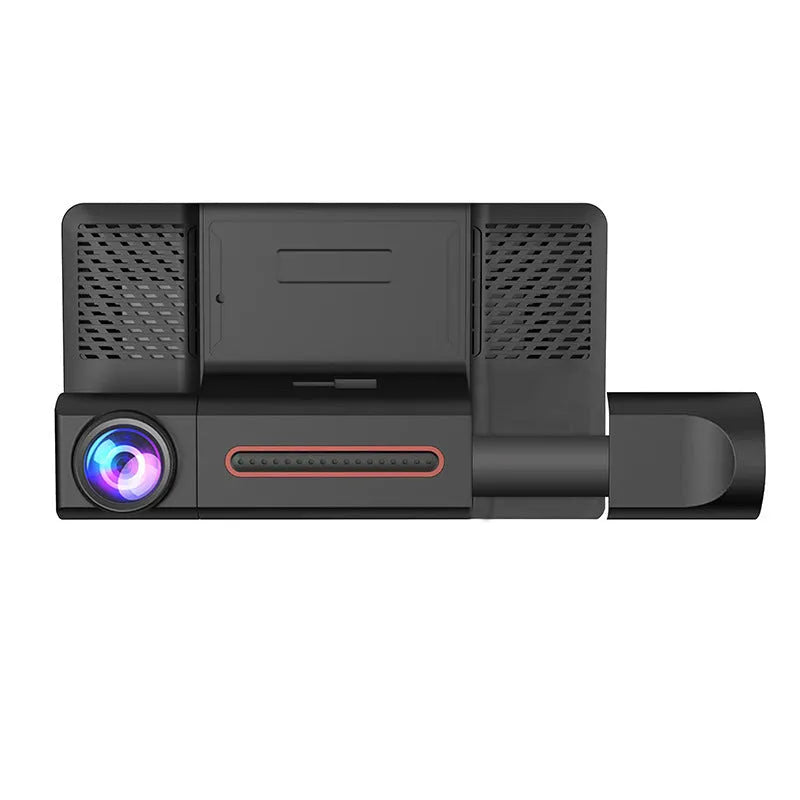 Black three-lens dashcam with 4-inch touch screen for front and rear car recording