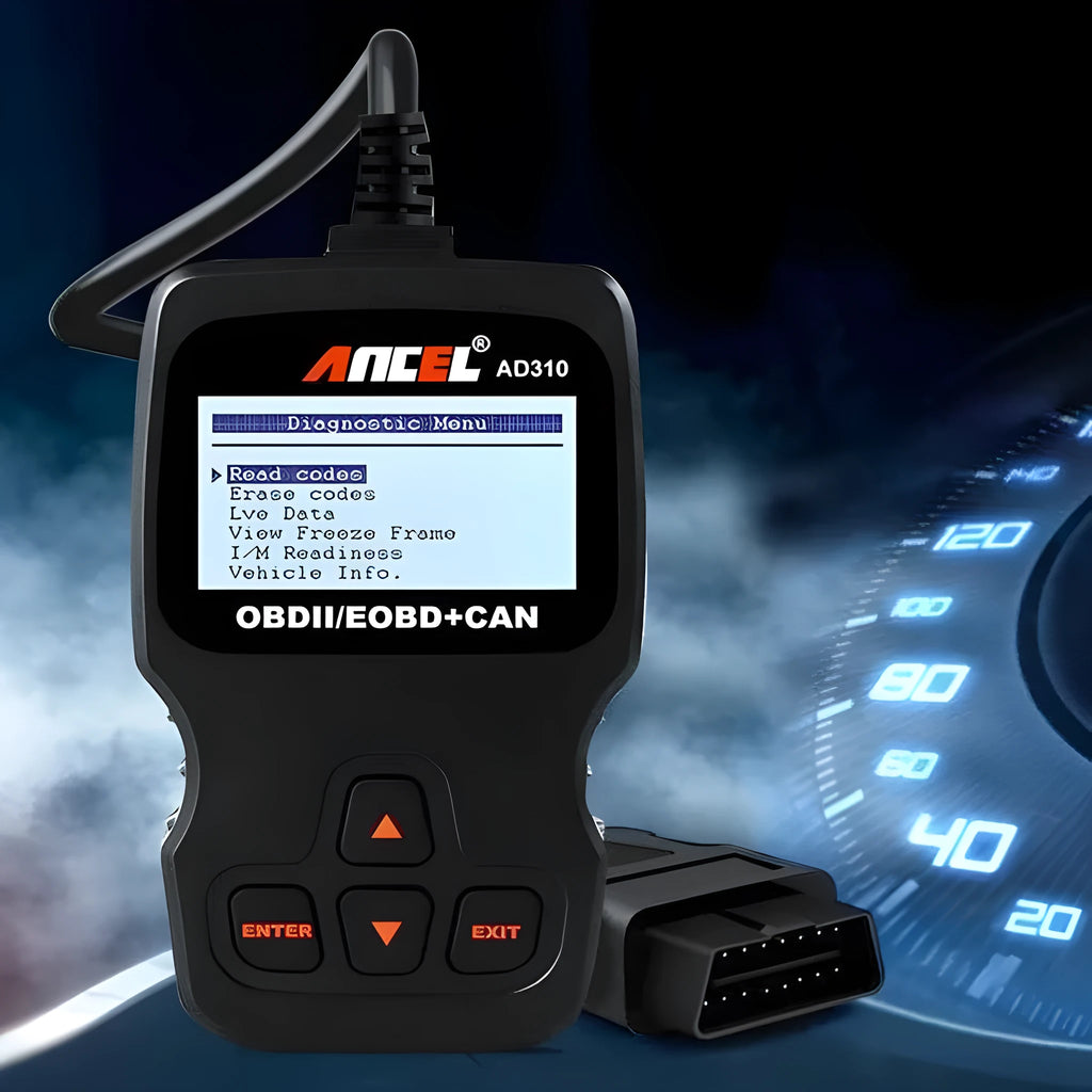 Black universal OBD2 car diagnostic scanner with LCD display for engine fault detection