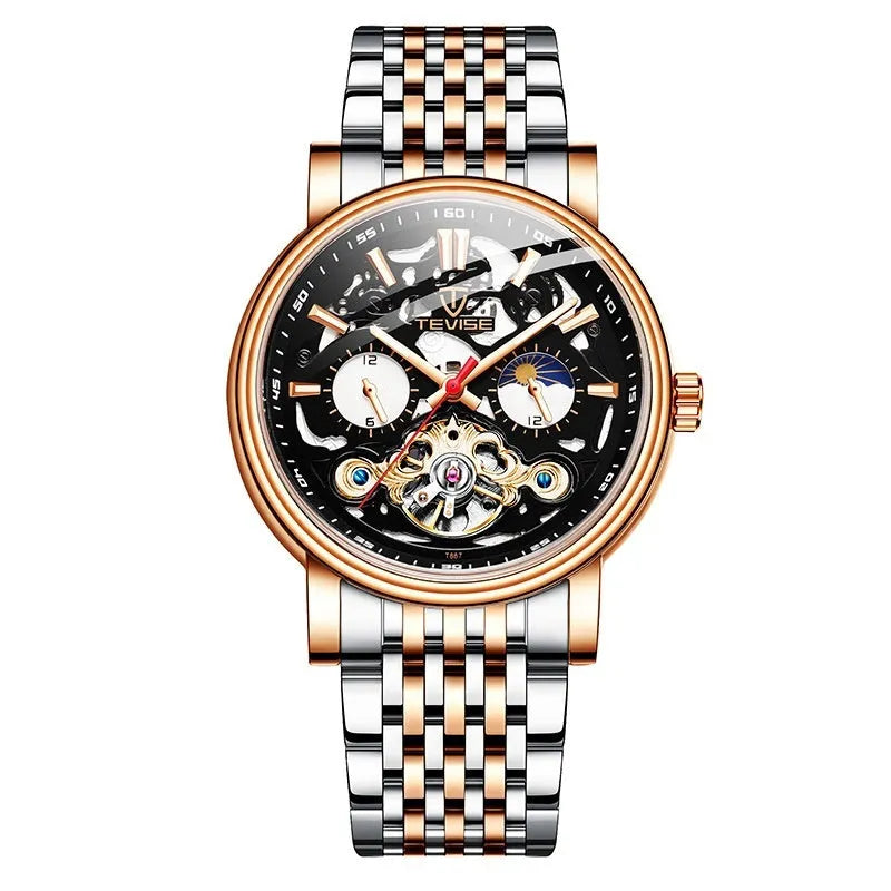 Men's black mechanical watch with tourbillon, luminous hands on a metal bracelet.